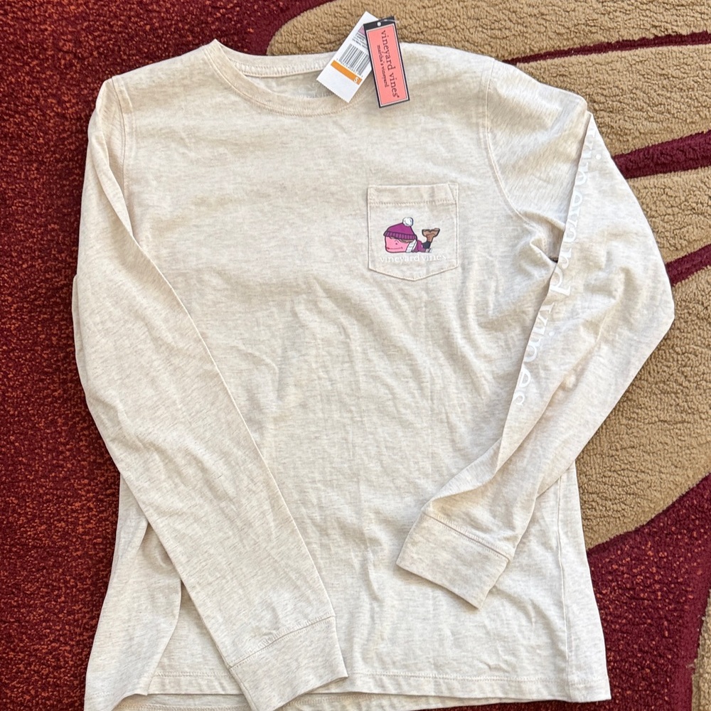 Vineyard Vines Beige Long Sleeve Tee with Pink Whale
